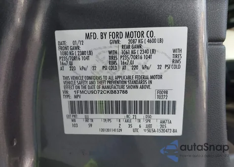 2012 Ford Escape Xlt z USA, uszkodzony, nr VIN 1FMCU9D72CKB83788